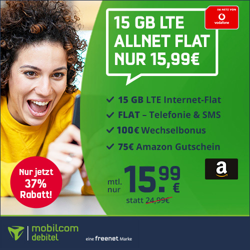 Preishammer Vodafone Netz: 175 Euro Bonus plus 15 GB All-In-Flat im Vodafone Netz fr mtl. 15,99 Euro/Eff. 8,70 Euro