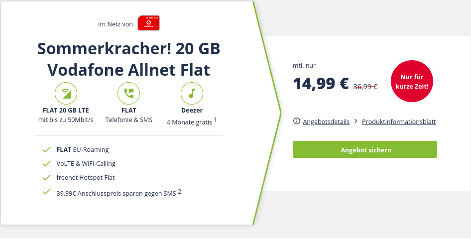 Vodafone Tarife Preistipp: Gratis Deezer mit 20 GB Vodafone Allnet-Flat fr mtl. 14,99 Euro und 608 Euro sparen