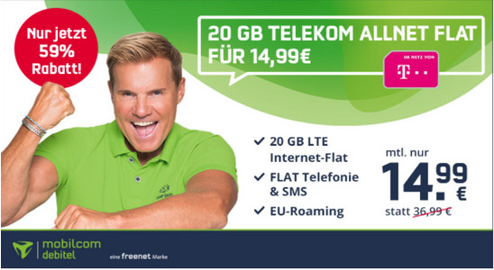 Preiskracher Telekom Netz: 20 GB LTE Allnet-Flat fr mtl. 14,99 Euro --528 Euro sparen