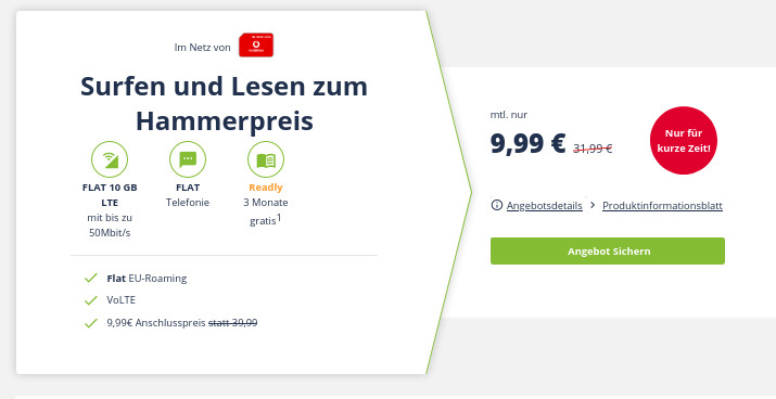 Preiskracher Vodafone Netz: 10 GB All-In-Flat im Vodafone Netz fr mtl. 9,99 Euro