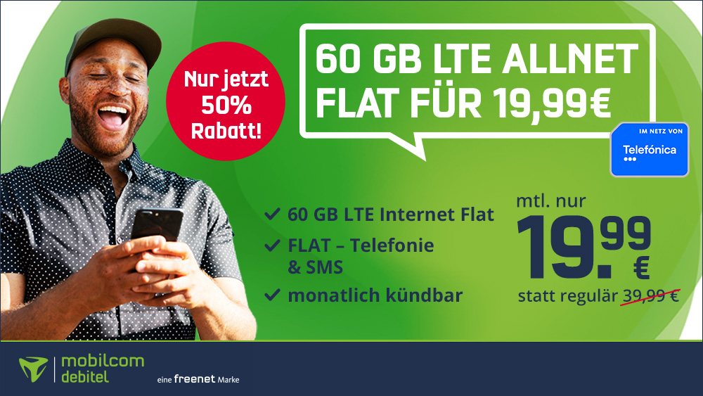 50 Prozent Rabatt: 60 GB All-In-Flat im O2-Netz bei 225 Mbit für mtl. 19,99 Euro und mtl. Laufzeit