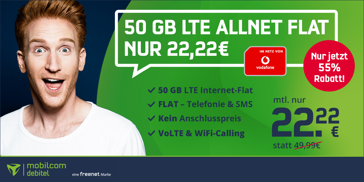55 Prozent Rabatt Vodafone Netz: 50 GB Vodafone Allnet-Flat fr mtl. 22,22 Euro und 666 Euro sparen