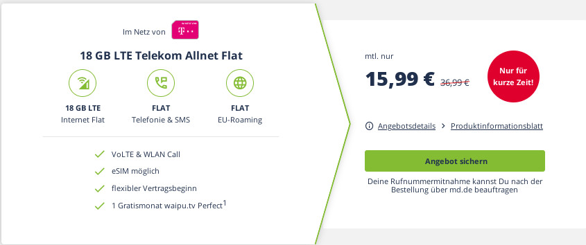 Preiskracher Telekom Netz: 18 GB LTE Allnet-Flat fr mtl. 15,99 Euro --504 Euro sparen