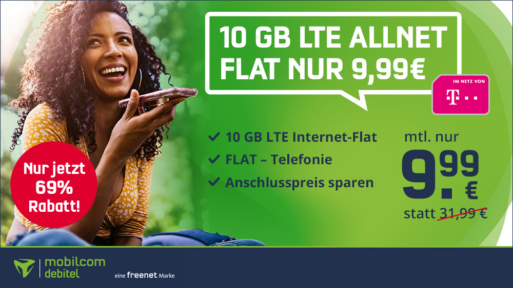 Spartipp Telekom Netz: 10 GB LTE Allnet-Flat für mtl. 9,99 Euro --408 Euro sparen