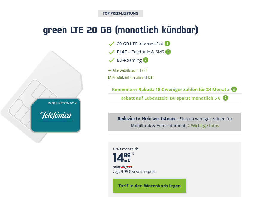 Preisknaller O2 LTE Tarife Power: mobilcoms 20 GB LTE All-In-Flat f�r mtl. 14,99 Euro