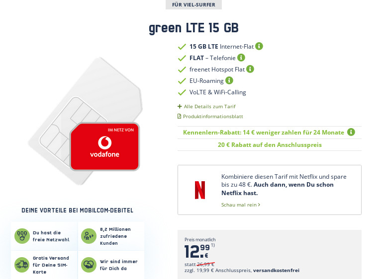 Black Friday Week Vodafone Netz: 15 GB All-In-Flat im Vodafone Netz für mtl. 12,99 Euro