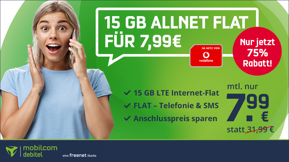 Tarifpower Vodafone Netz: 15 GB All-In-Flat für mtl. 7,99 Euro, Anschlusspreis sparen