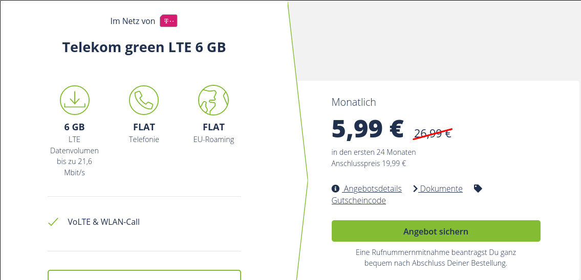 Preistipp 6 GB Teleom Netz: 6 GB LTE Telekom All-In-Flat fr mtl. 5,99 Euro und 504 Euro sparen