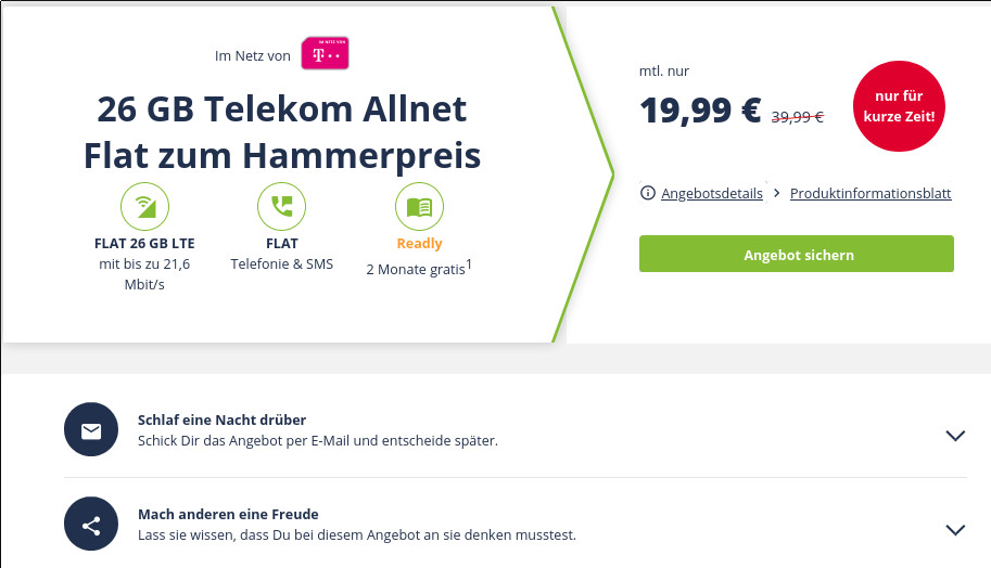 Sparhammer Telekom Netz: 26 GB LTE All-In-Flat fr mtl. 19,99 Euro --480 Euro sparen