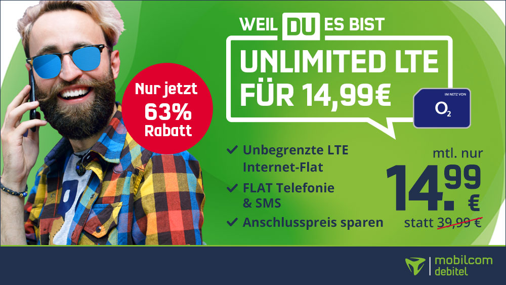 Unlimited-Deal: Unlimited o2 LTE All-In-Flat fr 14,99 Euro --520 Euro sparen