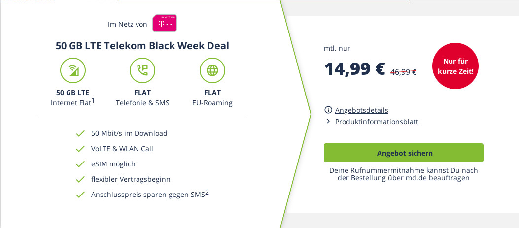 Black Friday Telekom Netz: 50 GB LTE Allnet-Flat für mtl. 14,99 Euro --768 Euro sparen