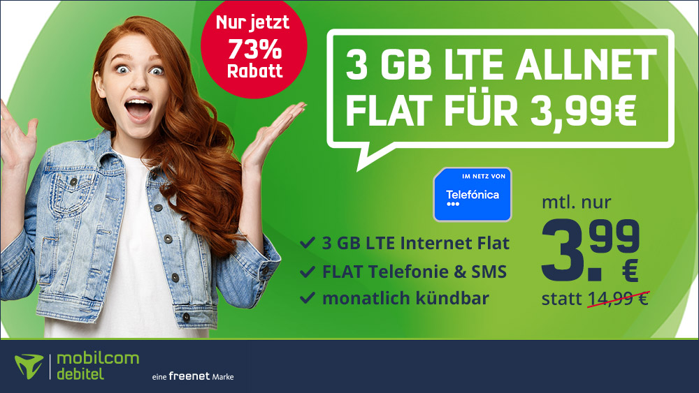 Sparhammer 3 GB Flatrate Tarife: 3 GB O2 Allnet-Flatrate f�r 3,99 Euro bei mtl. Laufzeit