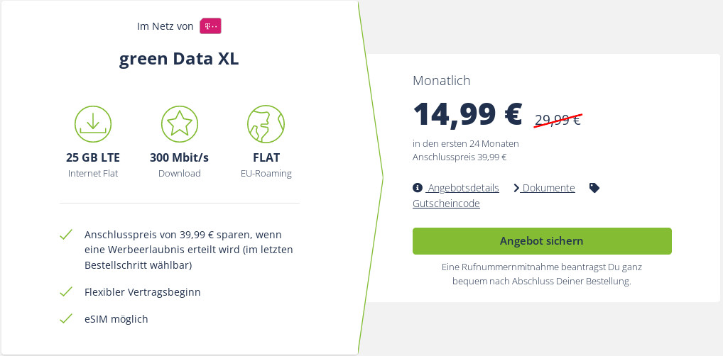 Telekom Datenflatrate: 25 GB LTE Tarifpower bei 300 Mbit fr mtl. 14,99 Euro und 360 Euro sparen