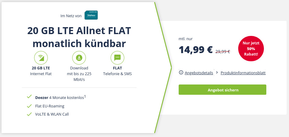 Oster Deal: 20 GB LTE O2 All-In-Flat fr mtl. 14,99 Euro und 360 Euro sparen