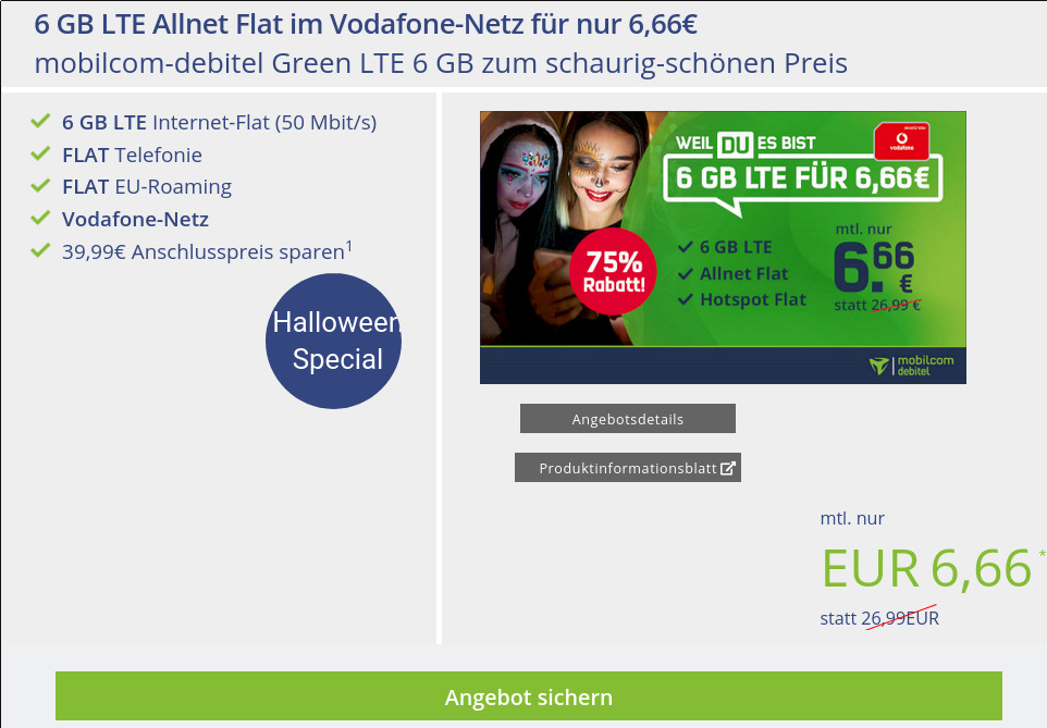 Halloween Special: 6 GB Vodafone Allnet-Flat fr mtl. 6,66 Euro und Anschlusspreis sparen