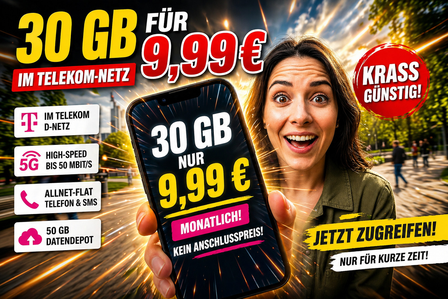 Mobilfunk.de greift an: 30 GB im Telekom-Netz f�r nur 9,99 &euro; ohne Anschlusspreis. Warum dieser Tarif den Markt ver�ndert und wie er sich gegen fraenk, SIMon und Blau schl�gt.