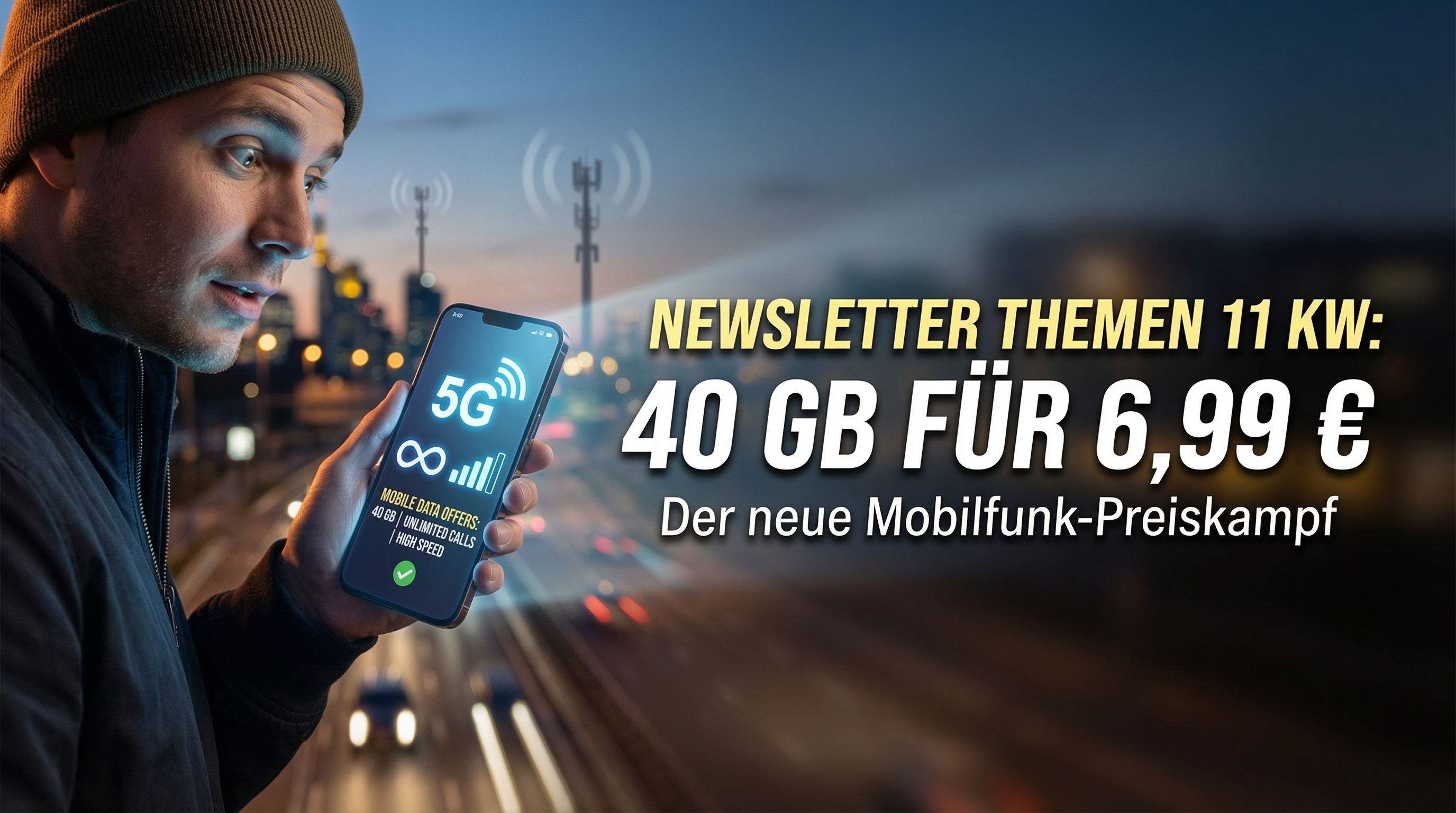 Newsletter Themen Mobilfunk Preiskampf 2026: Der Mobilfunkmarkt in Deutschland erlebt 2026 einen massiven Preiskampf. 40 GB f�r 6,99 Euro, 10 GB f�r 3,99 Euro und Unlimited-Tarife unter 20 Euro. Welche Angebote wirklich lohnen und was der Netzausbau von Telekom und O2 bedeutet.