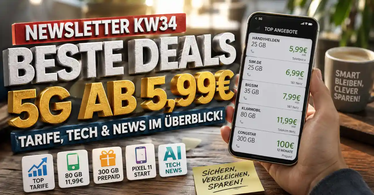 Der Telefontarifrechner.de Newsletter KW34: 5G ab 5,99 Euro, 80 GB f�r 11,99 Euro, Pixel 11, Galaxy S26 und wichtige Technik-News