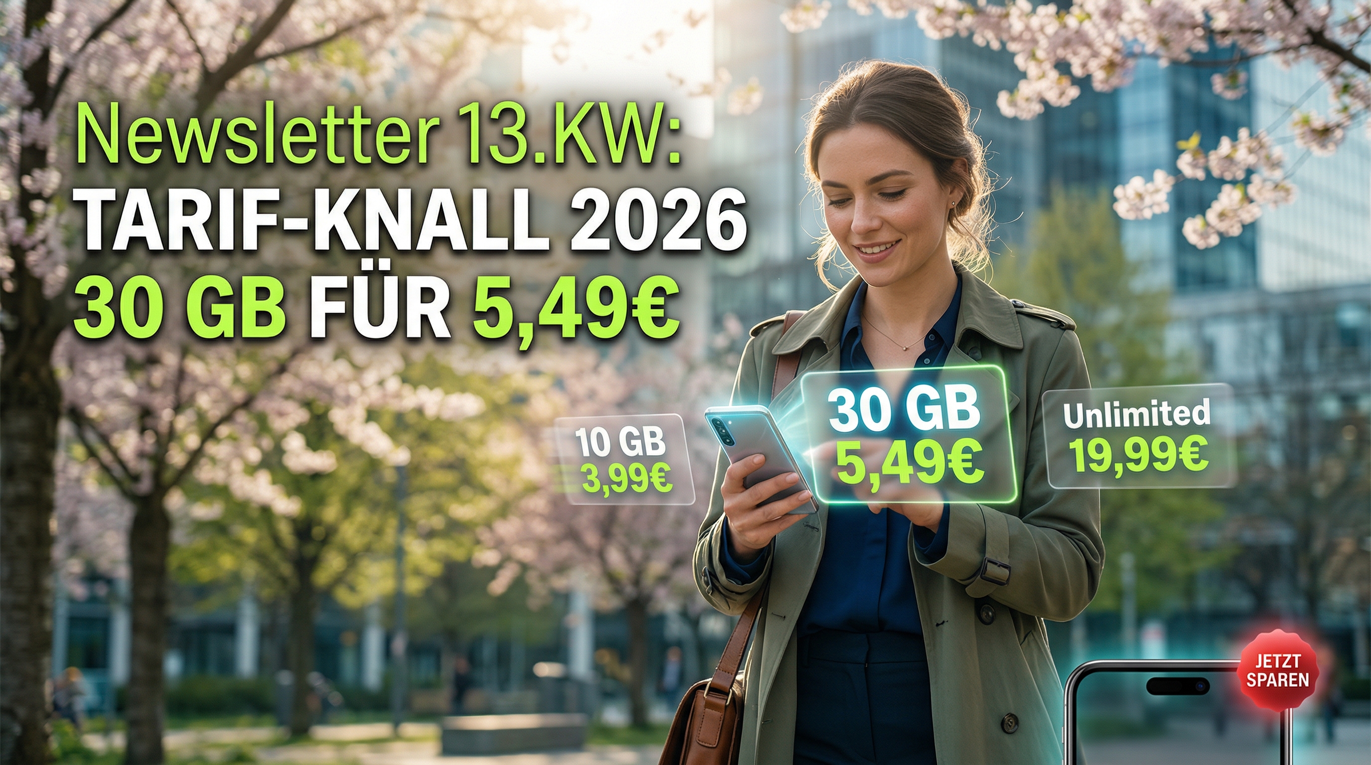 Newsletter Themen Mobilfunk Preiskampf 2026: Der Mobilfunkmarkt in Deutschland erlebt 2026 einen massiven Preiskampf. 40 GB f�r 6,99 Euro, 10 GB f�r 3,99 Euro und Unlimited-Tarife unter 20 Euro. Welche Angebote wirklich lohnen und was der Netzausbau von Telekom und O2 bedeutet.