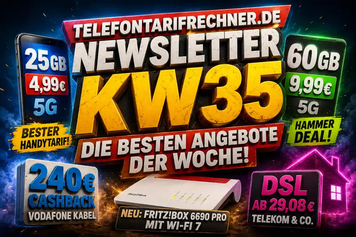 Die besten Tarif-Deals der KW35: 25 GB ab 4,99 Euro, 60 GB f�r 9,99 Euro, Vodafone-Cashback und g�nstige DSL-Aktionen im �berblick