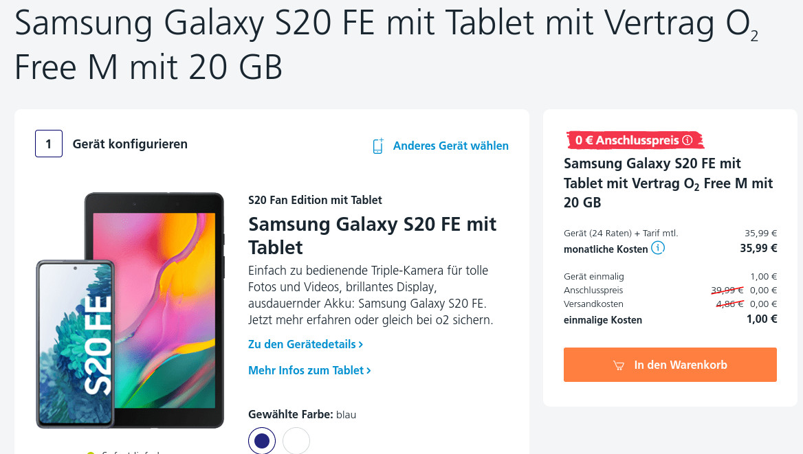 Galaxy S20 Tarife: Gratis Tablet plus Galaxy S20 FE fr 1 Euro mit 02 Free M Tarif fr mtl. 35,99 Euro
