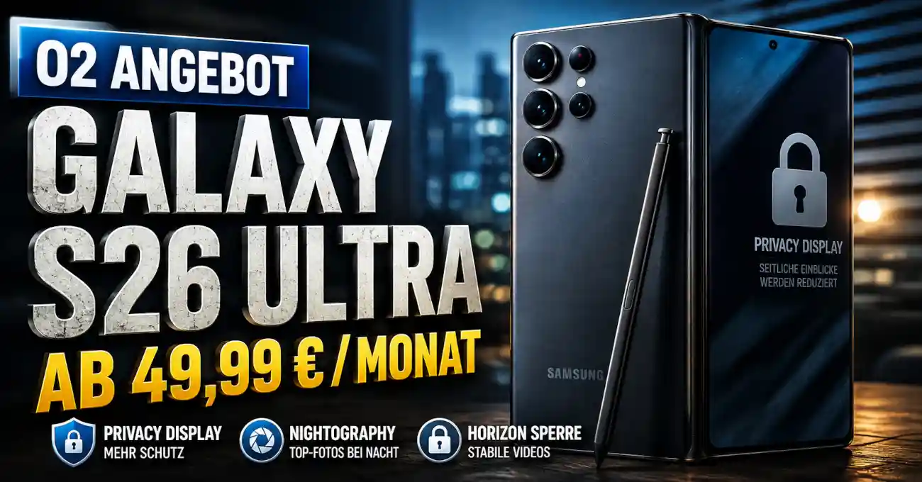 O2 bietet das Samsung Galaxy S26 Ultra ab 49,99 Euro monatlich. Der Kostencheck zeigt Privacy Display, Tarifdetails und beide Laufzeiten