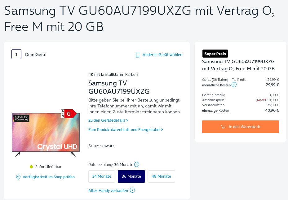 Black Week Deal: Samsung TV 60 Zoll mit O2 Free M mit 20 GB für 29,99 Euro