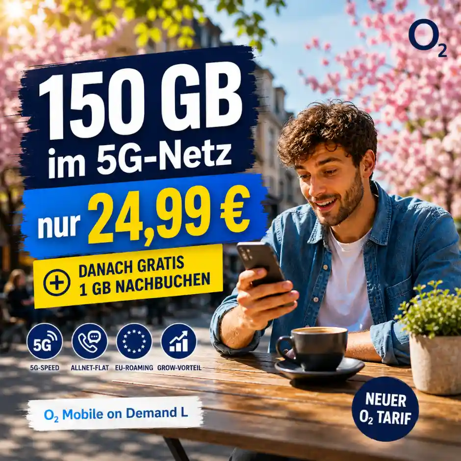 Der o2 Mobile on Demand L bietet 150 GB 5G f�r 24,99 Euro. Danach l�sst sich kostenlos und beliebig oft je 1 GB nachbuchen