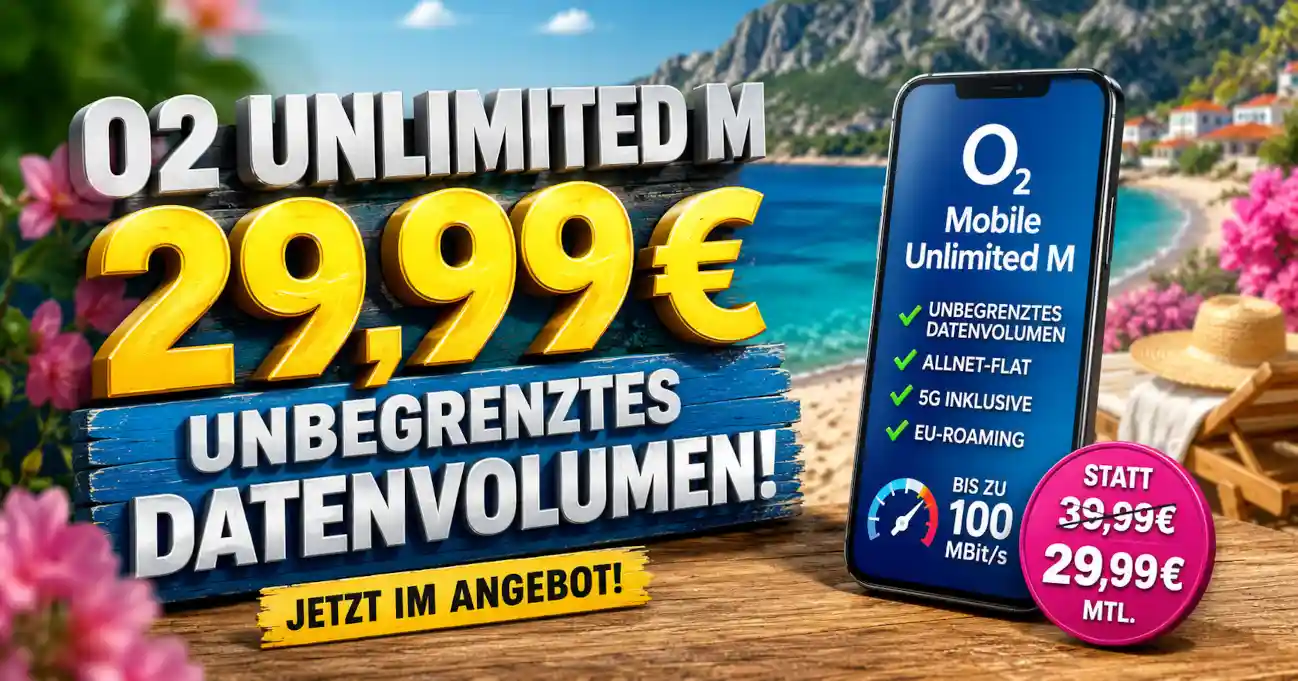 O2 Mobile Unlimited M kostet 29,99 Euro im Monat und bietet unbegrenztes 5G mit 100 MBit/s. Alle Kosten, Laufzeiten und Grenzen im Check