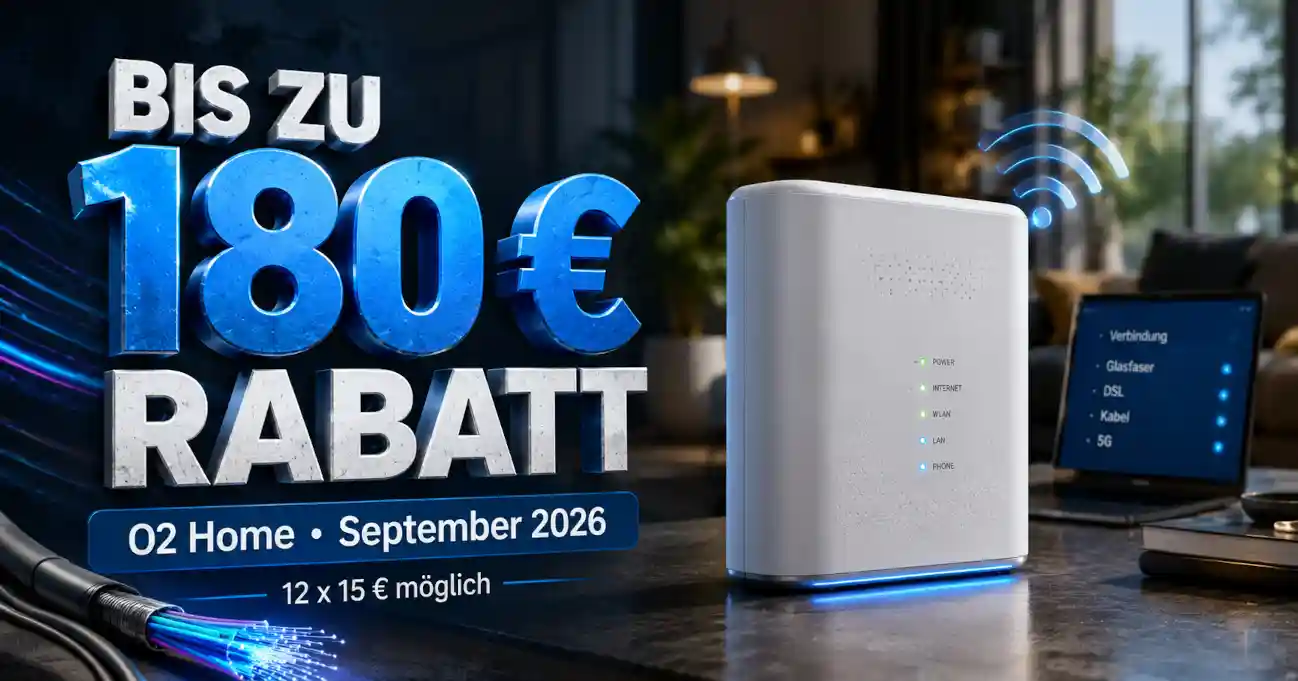O2 bietet im September 2026 bei Home-Tarifen bis zu 180 Euro Rabatt. Entscheidend sind Anschlusstechnik, Adresse und Verf�gbarkeit