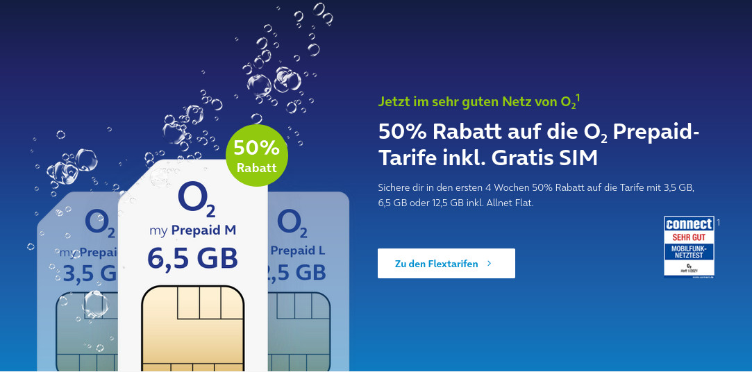 O2 Prepaid Tarife: 50 Prozent Rabatt in den ersten 4 Wochen --3,5 GB Allnet-Flat ab 4,99 Euro