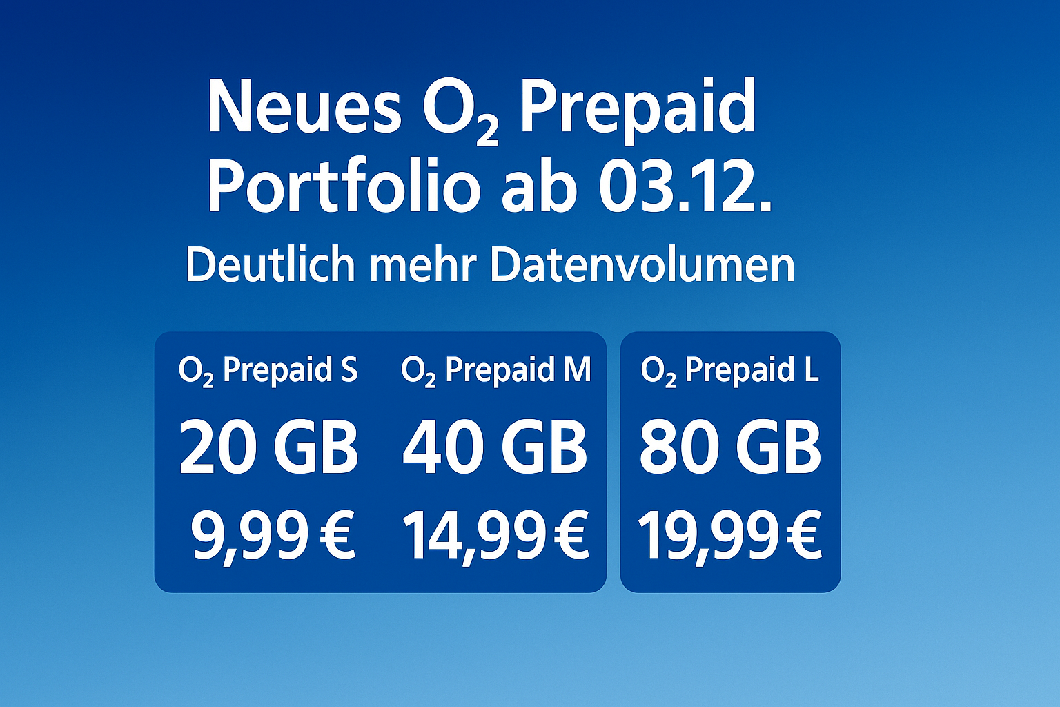 Das neue O2 Prepaid Portfolio ab 03.12. bietet deutlich mehr Datenvolumen in den Tarifen S, M und L sowie ein attraktives Jahrespaket und weltweite Roaming-Optionen.