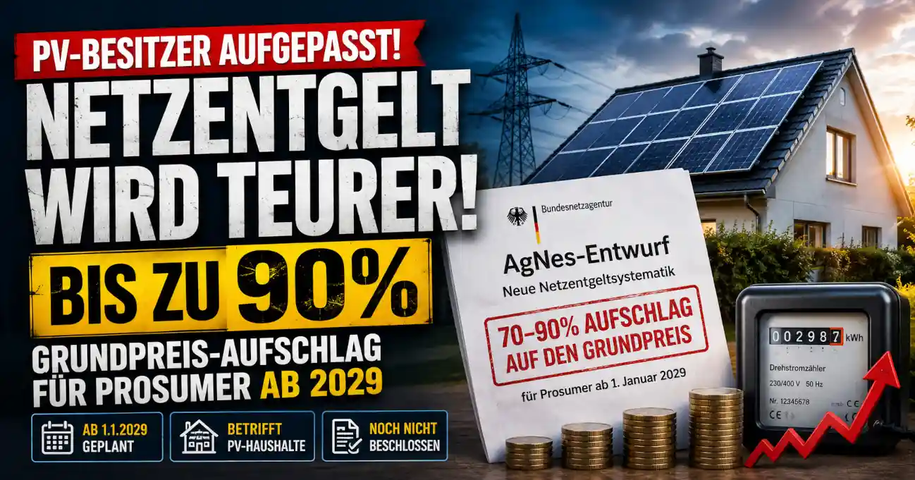AgNes wird konkret: PV-Haushalte sollen ab 2029 70 bis 90 Prozent Aufschlag auf den Netzentgelt-Grundpreis zahlen. Balkonkraftwerke bleiben frei