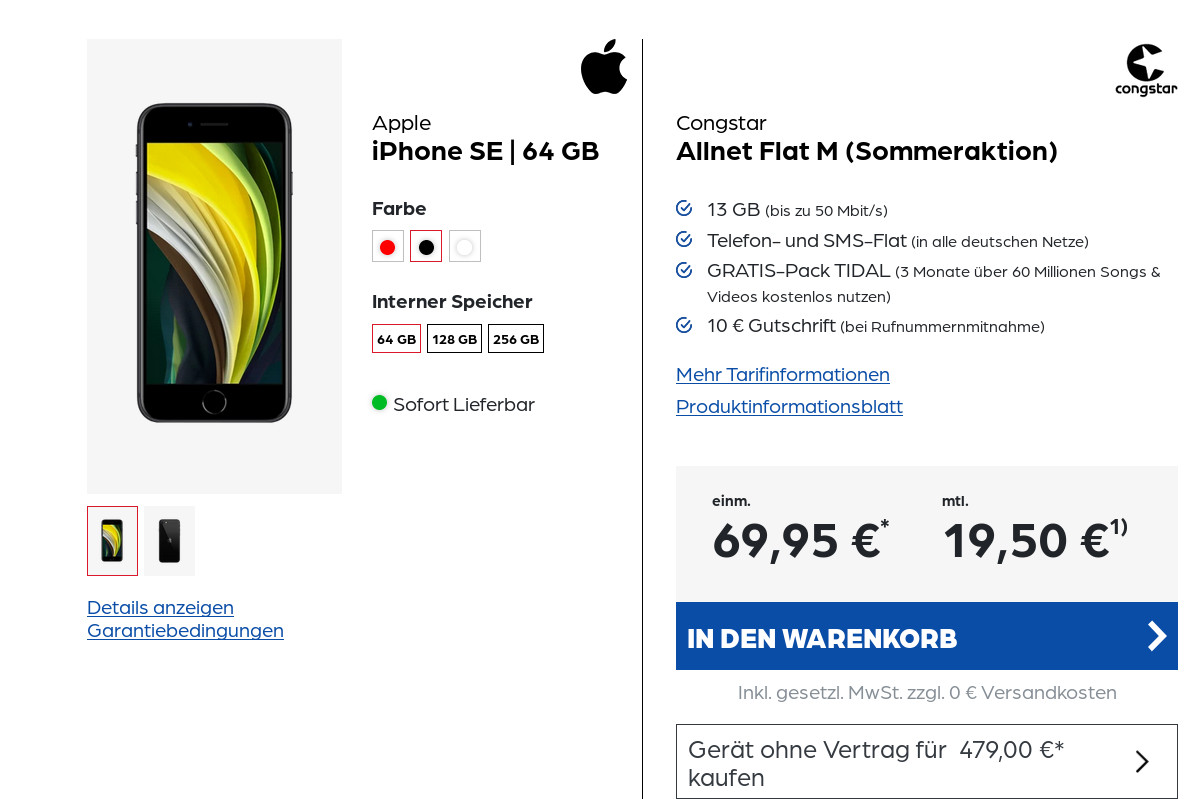 iPhone SE Tarife: iPhone SE mit 8 GB congstar LTE 25 Mbit Allnet-Flat für 19,50 Euro /Eff. 3,44 Euro