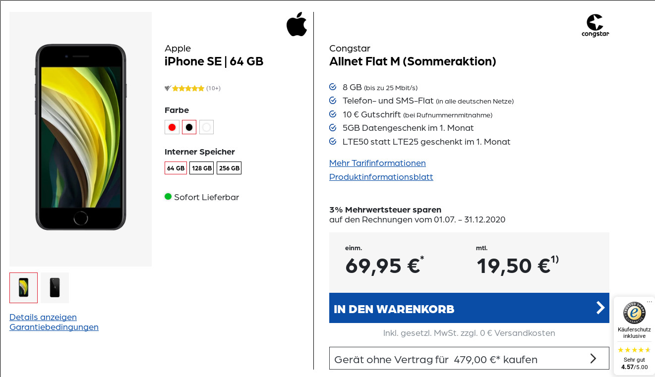 iPhone SE Tarife: iPhone SE mit 8 GB congstar LTE 25 Mbit Allnet-Flat für 19,50 Euro /Eff. 3,44 Euro