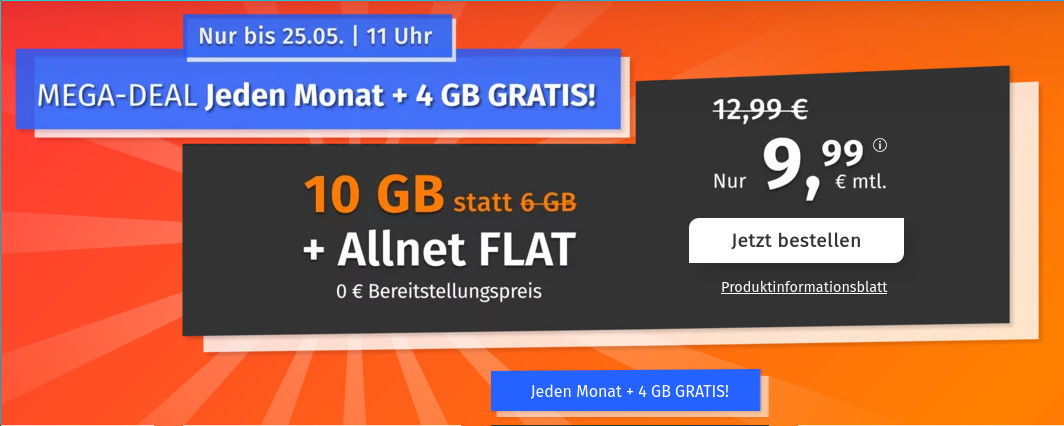 Spartipp 10 GB Tarife: PremiumSIMs 10 GB LTE All-In-Flat f�r 9,99 Euro ohne Anschlusspreis
