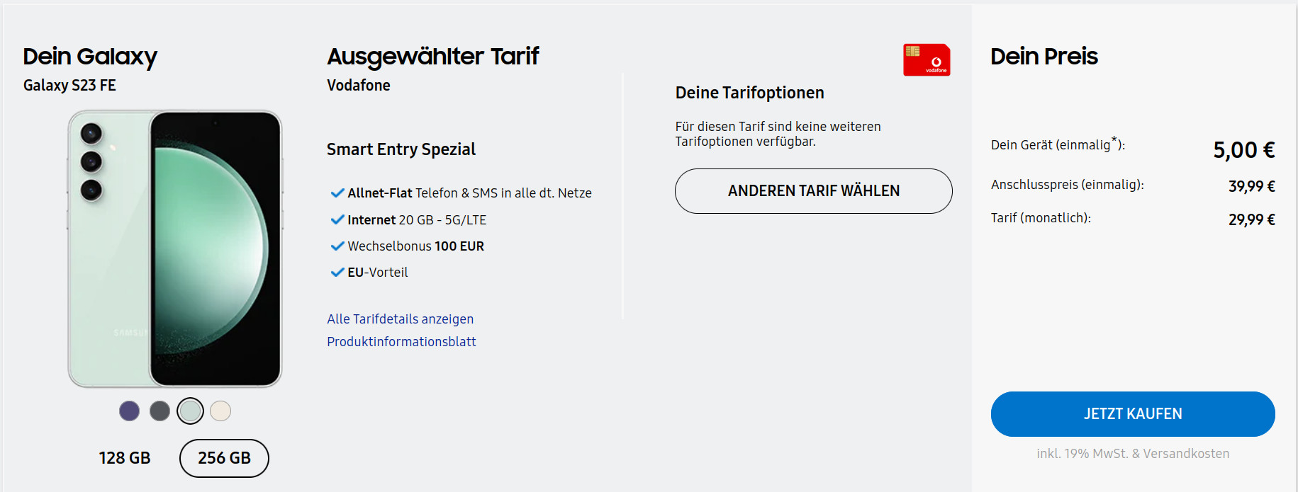 Galaxy S23 FE: 100 Euro Wechselbonus mit 20 GB 5G Allnet-Flat fr 29,99 Euro/Eff. -3,55 Euro