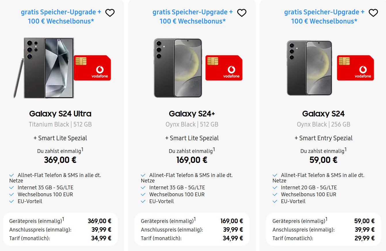 Galaxy S24 Tarife: Vodafone Allnet-Flat ab 29,99 Euro und bis 200 Euro Sofortbonus