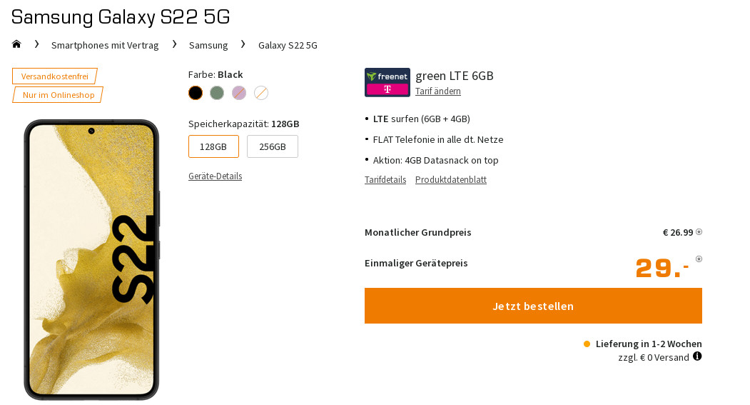 Preistipp Galaxy S22 5G: Gratis Galaxy Buds plus 10 GB Telekom Allnet-Flat für 26,99 Euro/Eff. 0,69 Euro