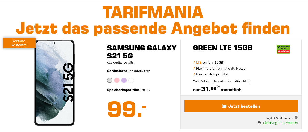 Preistipp Galaxy S21 5G: 15 GB Vodafone Allnet-Flat fr mtl. 31,99 Euro/Eff. 2,86 Euro