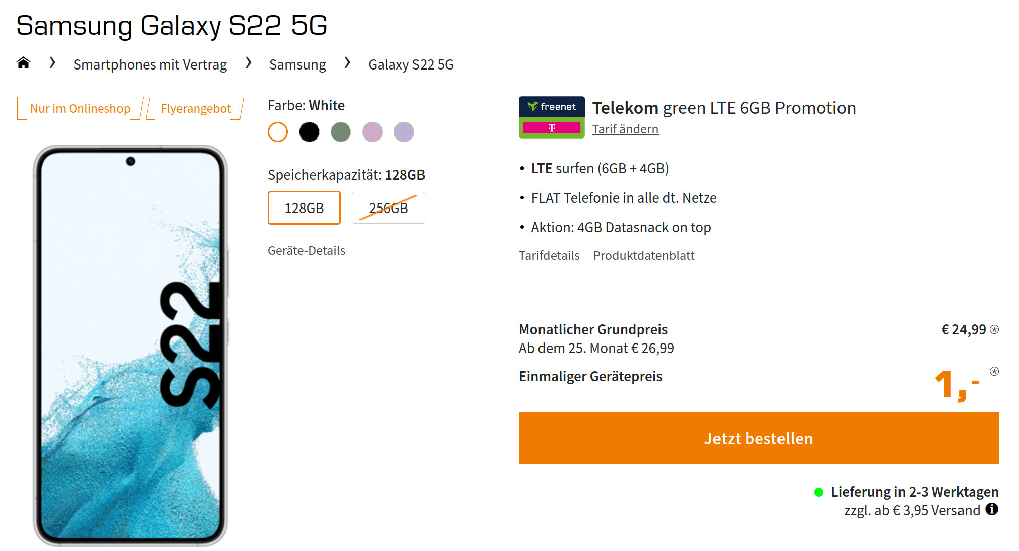 Spartipp Galaxy S22 5G: 10 GB Telekom Allnet-Flat für 24,99 Euro/Eff. -0,39 Euro