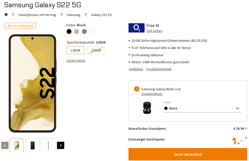 Preiskracher Galaxy S22 5G: Gratis Galaxy Buds, 100 Euro Wechselbonus mit 20 GB O2 Allnet-Flat für 29,99 Euro/Eff. -4,55 Euro