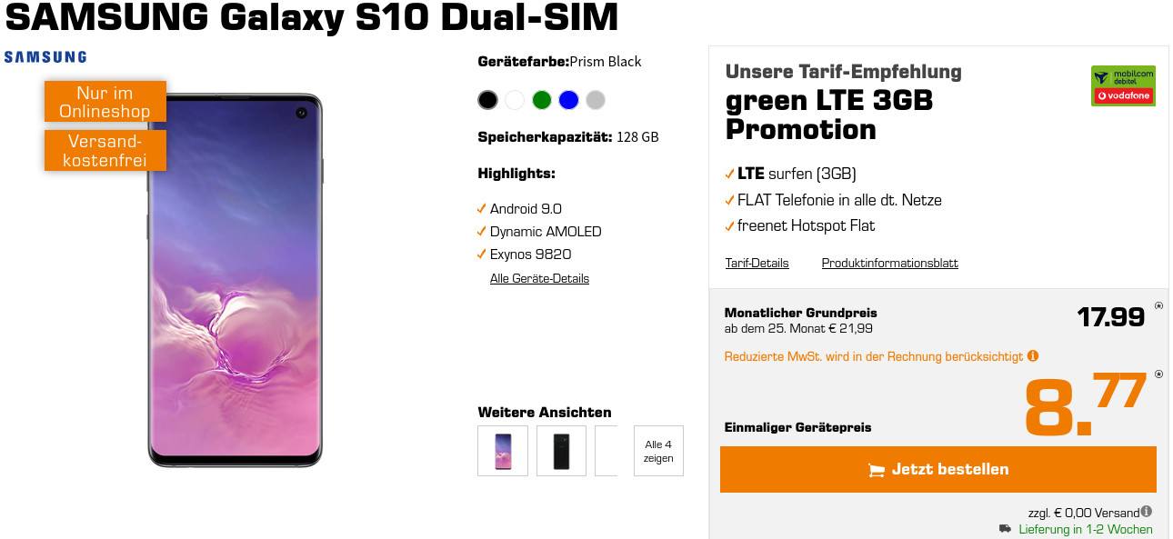 Preiskracher Galaxy S10 Tarife: 3 GB LTE All-In-Flat im D-Netz fr mtl. 17,99 Euro/Eff. -2,06 Euro