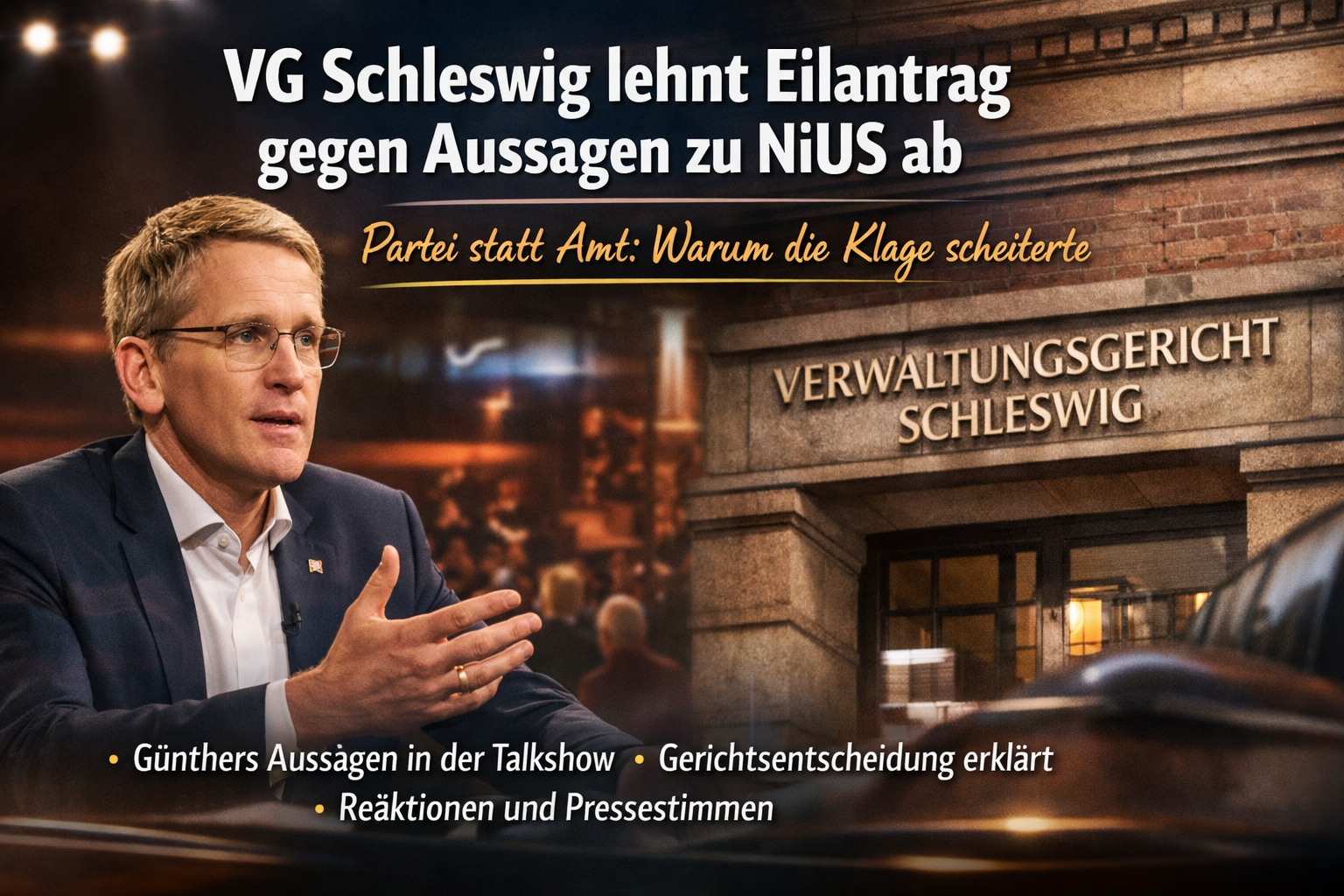 Das Verwaltungsgericht Schleswig weist den Eilantrag der NiUS-Betreiberin gegen Schleswig-Holstein ab. Kern der Begr�ndung: Daniel G�nther habe in der Talkshow Markus Lanz nicht amtlich, sondern parteipolitisch gesprochen. �berblick, juristische Ma�st�be, Stimmen und Pressereaktionen.