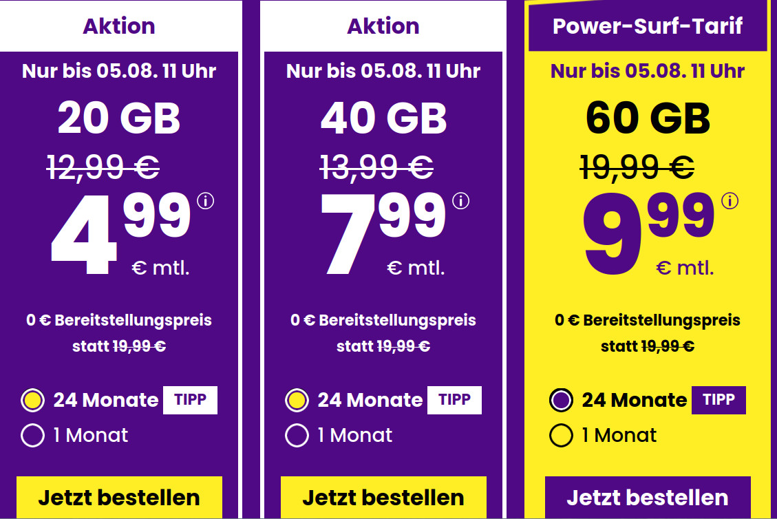 Preiskracher 20 GB Tarife: SIM24 20 GB All-In-Flat fr mtl. 4,99 Euro