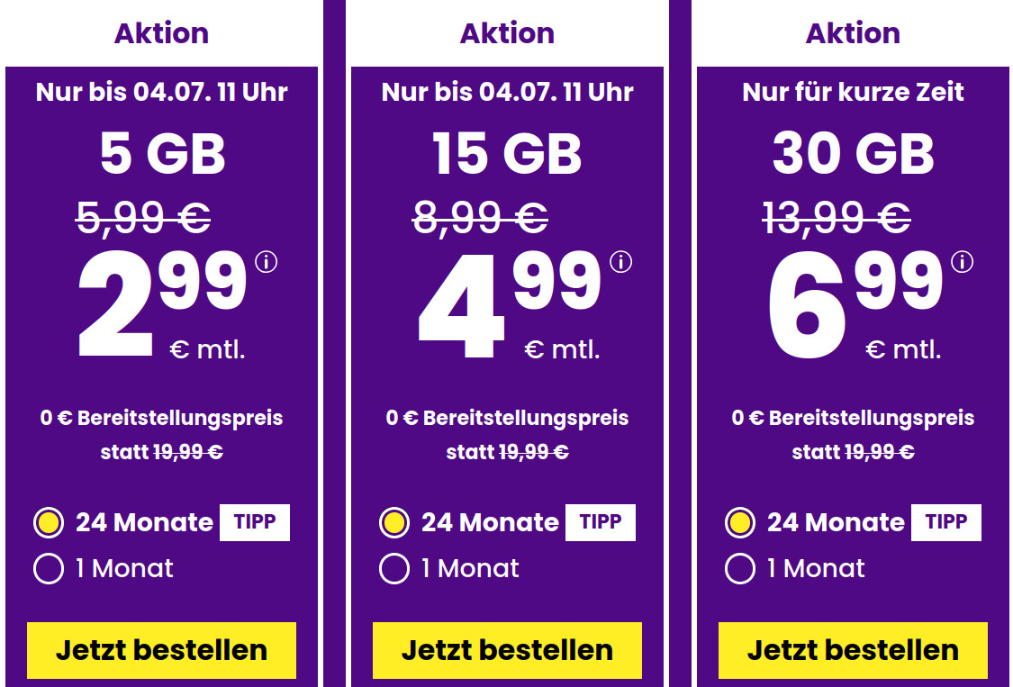 Spartipp 5 GB Tarife: SIM24 5 GB Flat f�r 2,99 Euro mit mtl. Laufzeit