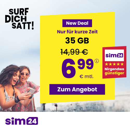 Preistipp 35 GB Tarife: SIM24 35 GB All-In-Flat fr 6,99 Euro