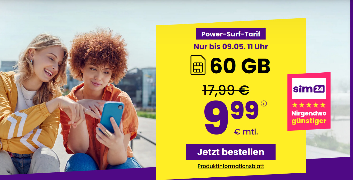 Preishammer 60 GB Tarife: SIM24 60 GB All-In-Flat f�r mtl. 6,99 Euro