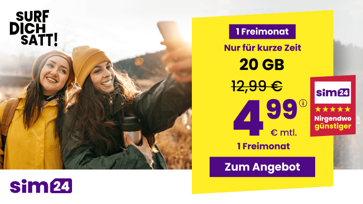 Preiskracher 20 GB Tarife: SIM24 20 GB All-In-Flat fr mtl. 4,99 Euro