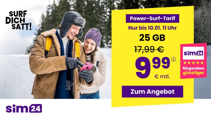 Preiskracher 25 GB Tarife: SIM24 25 GB All-In-Flat fr mtl. 9,99 Euro